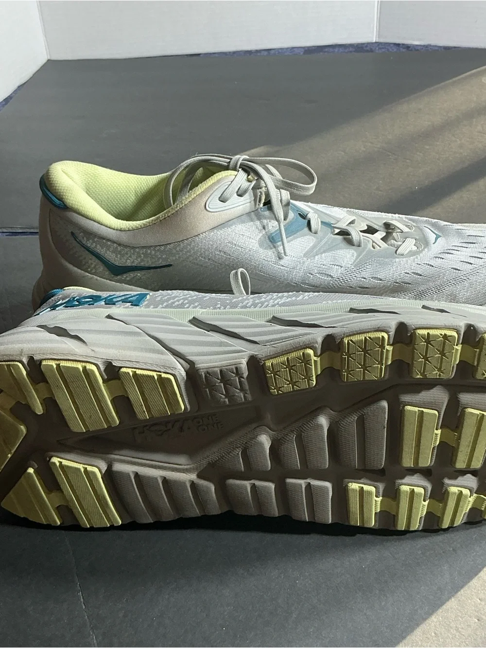 Hoka One One lite gray Running Shoes with Lime and Teal Accents